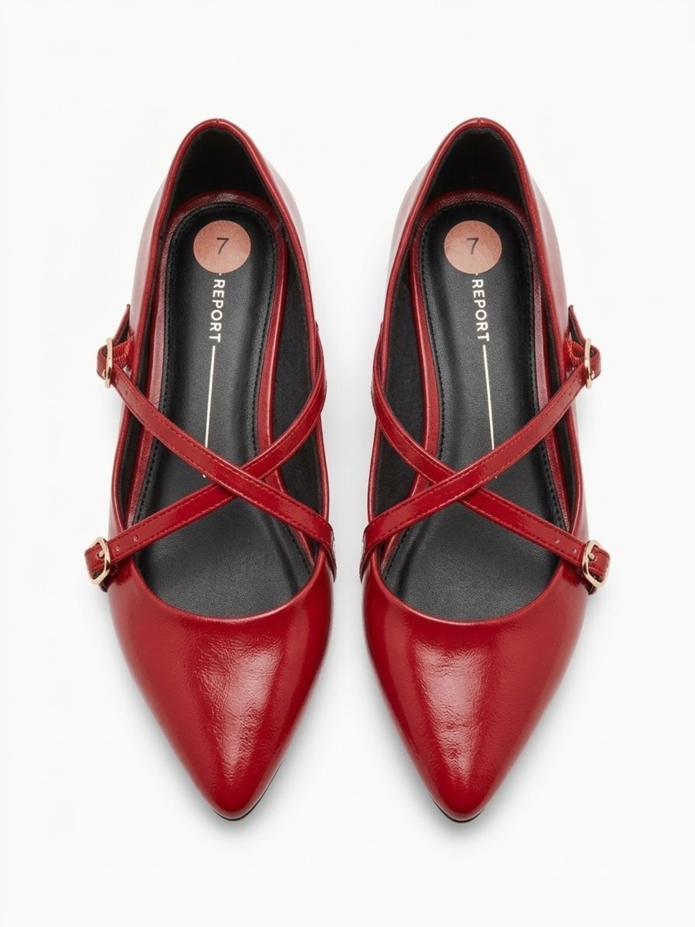 Report Red Pointed Mary Jane Flats with Crisscross Straps